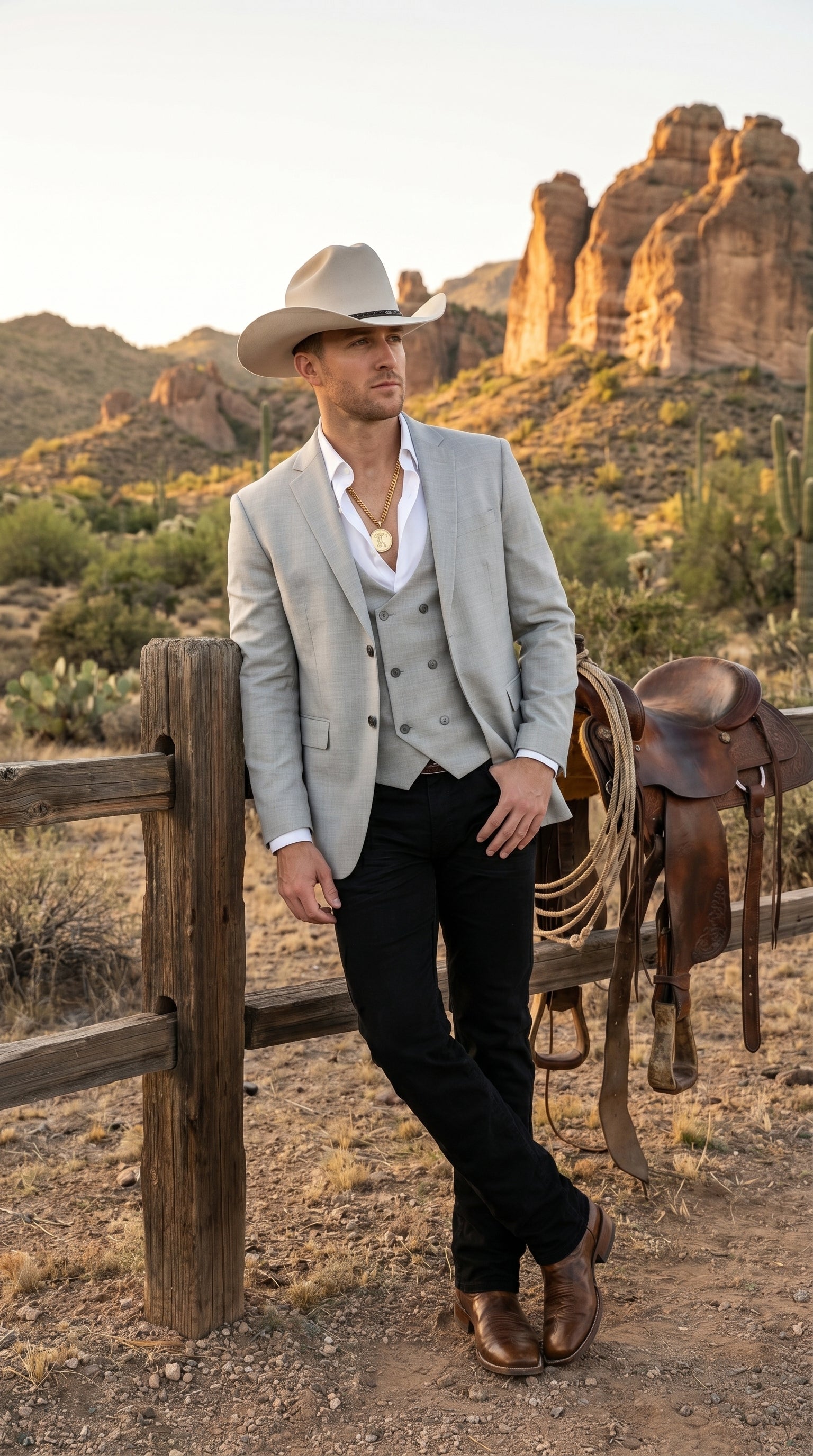 Men’s Light Gray Western Suit Blazer with Double Breasted Vest, Modern Cowboy Formal Outfit