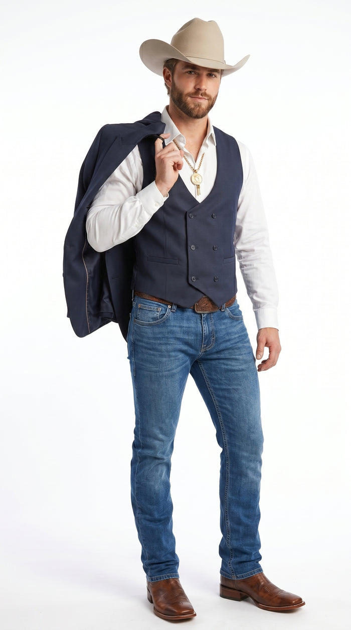 Men’s Navy Western Suit Blazer with Double Breasted Vest, Modern Cowboy Formal Outfit