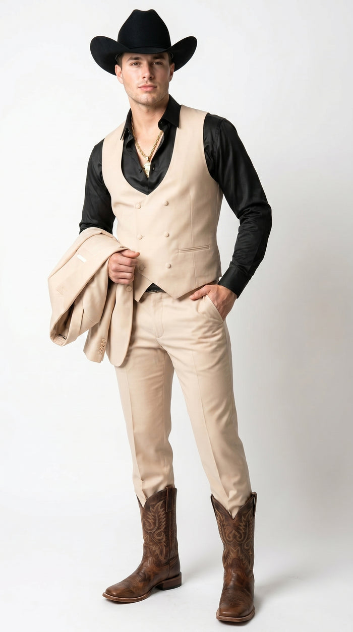 Men’s Light Beige Western 3 Piece Suit with Shawl Lapel, Cowboy Tuxedo Formal Outfit