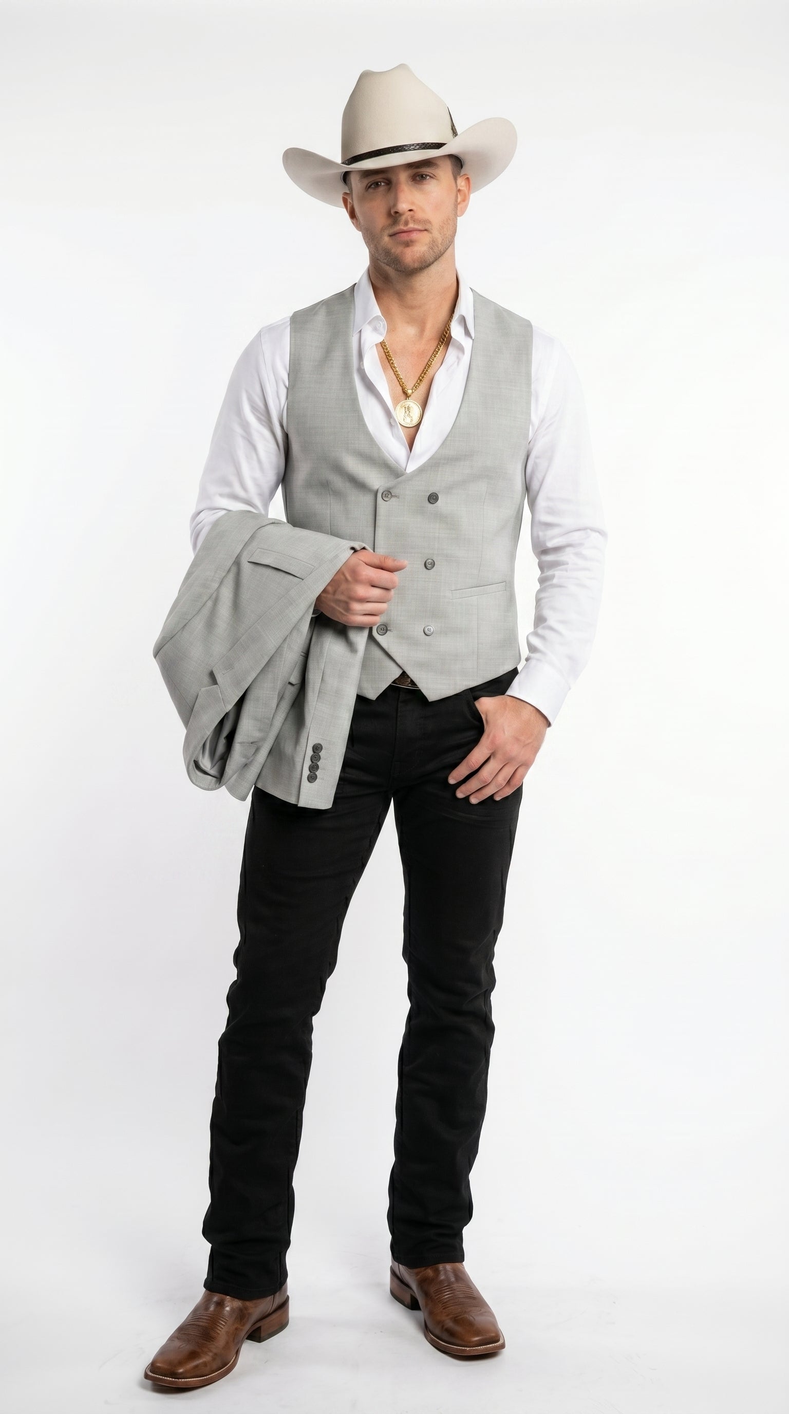 Men’s Light Gray Western Suit Blazer with Double Breasted Vest, Modern Cowboy Formal Outfit