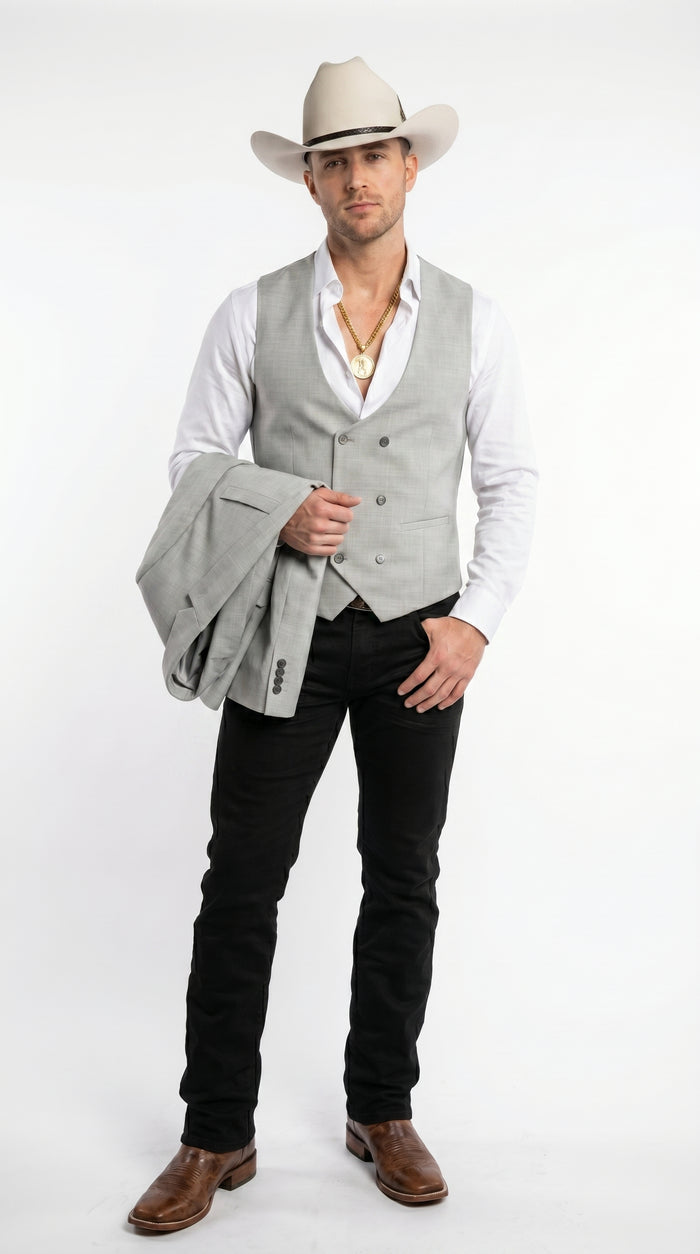 Men’s Light Gray Western Suit Blazer with Double Breasted Vest, Modern Cowboy Formal Outfit