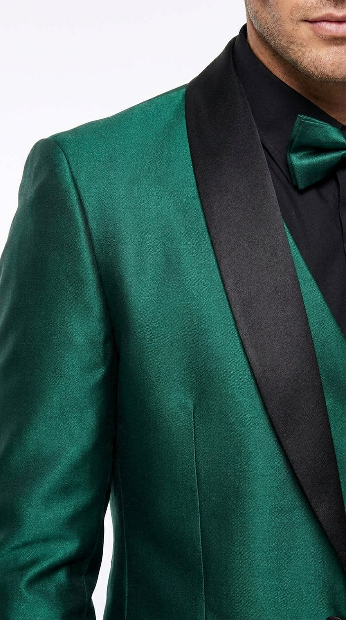 Men’s Emerald Green 3 Piece Tuxedo with Black Satin Shawl Lapel and Matching Vest