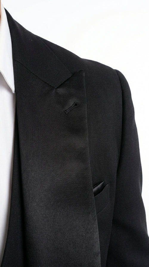 Men’s Black Western Tuxedo Suit with Satin Shawl Lapel Blazer and Double Breasted Vest