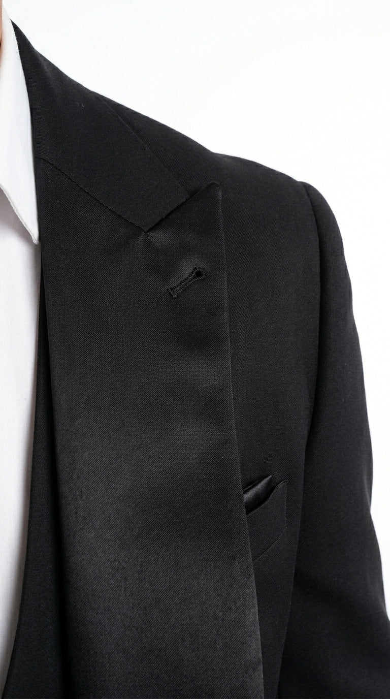 Men’s Black Western Tuxedo Suit with Satin Shawl Lapel Blazer and Double Breasted Vest
