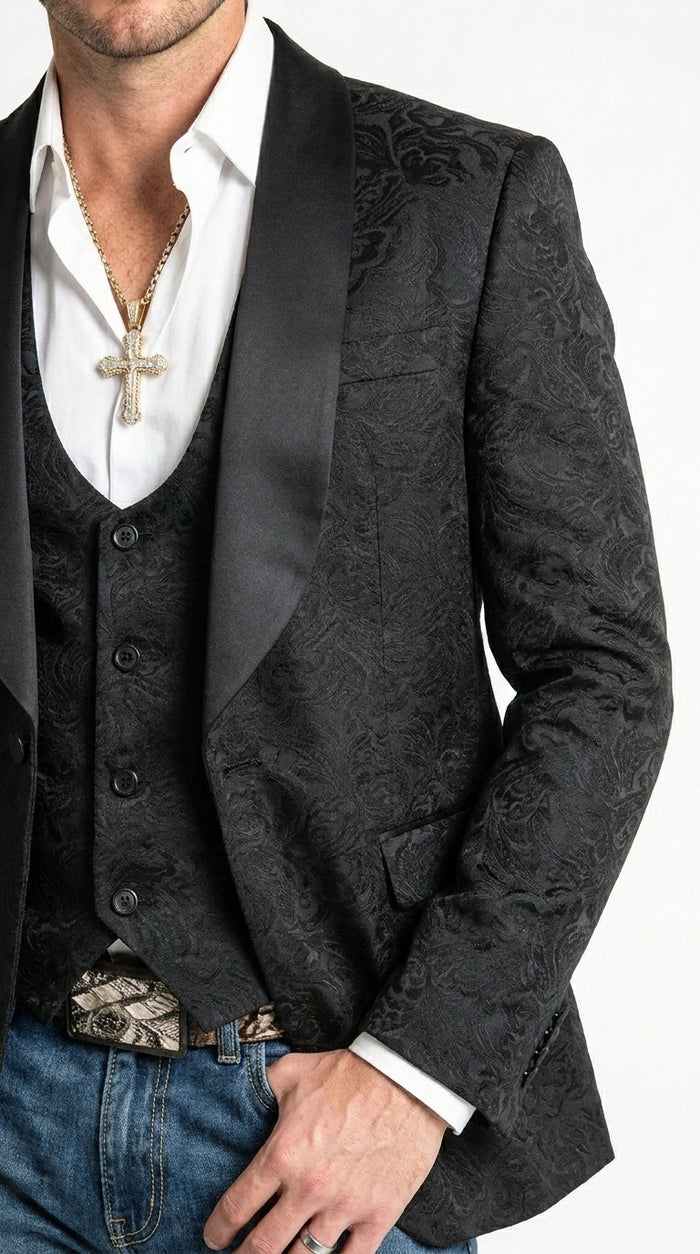 Men’s Black Paisley Jacquard Blazer with Satin Shawl Lapel, Western Formal Designer Jacket
