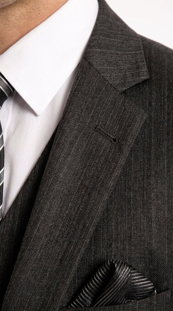Men’s Classic Black Sharkskin 3-Piece Business Suit – Vested Wedding, Church and Formal Suit
