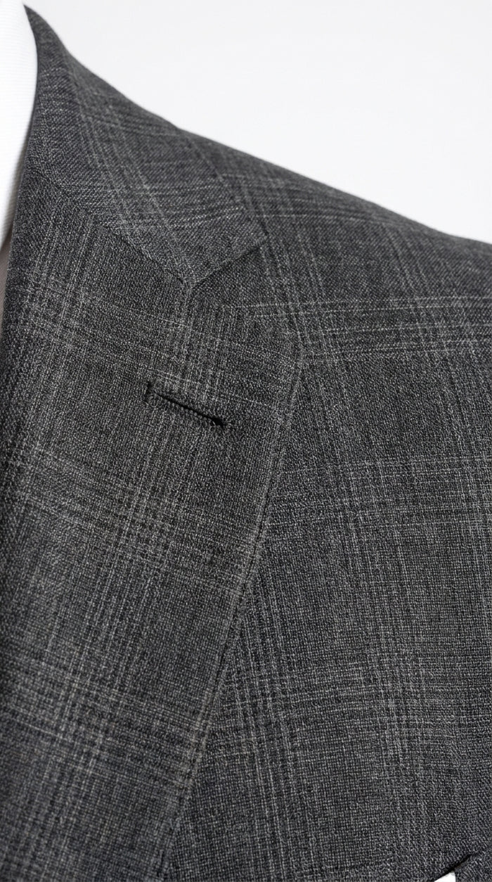 Men’s Charcoal Grey Windowpane Plaid 3-Piece Suit – Two-Button Jacket with Matching Vest and Pants