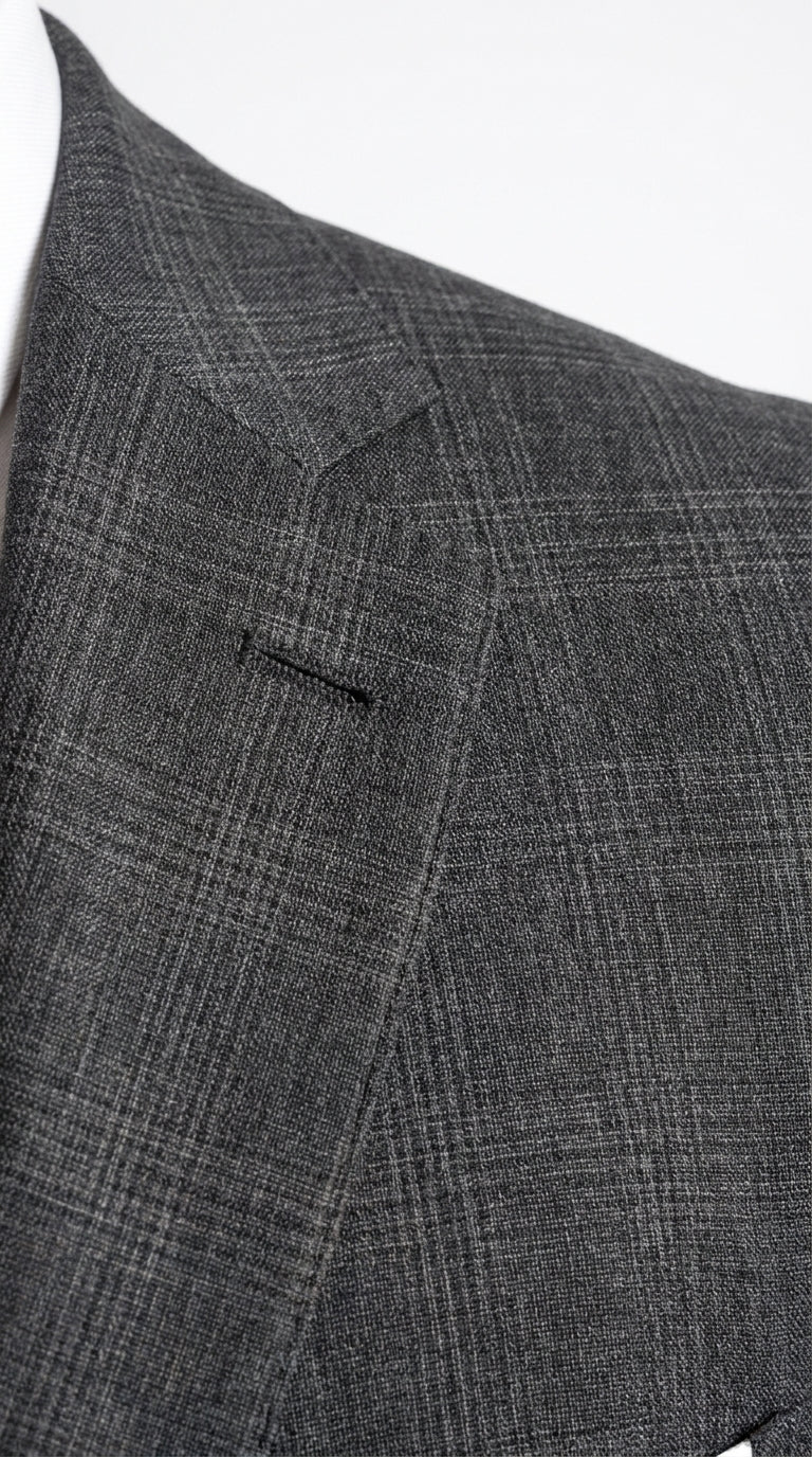Men’s Charcoal Grey Windowpane Plaid 3-Piece Suit – Two-Button Jacket with Matching Vest and Pants