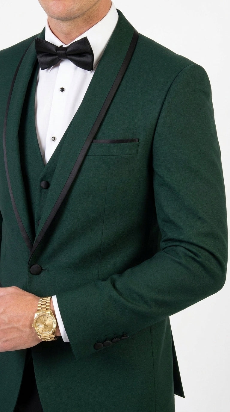 Men’s Hunter Green Shawl Lapel Tuxedo with Satin Trim, Formal Wedding Prom Dinner Suit