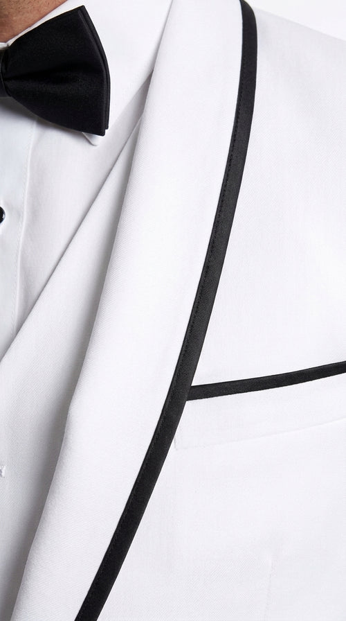 Men’s White and Black One Button Satin Trim Shawl Lapel Tuxedo for Wedding, Prom and Formal Events