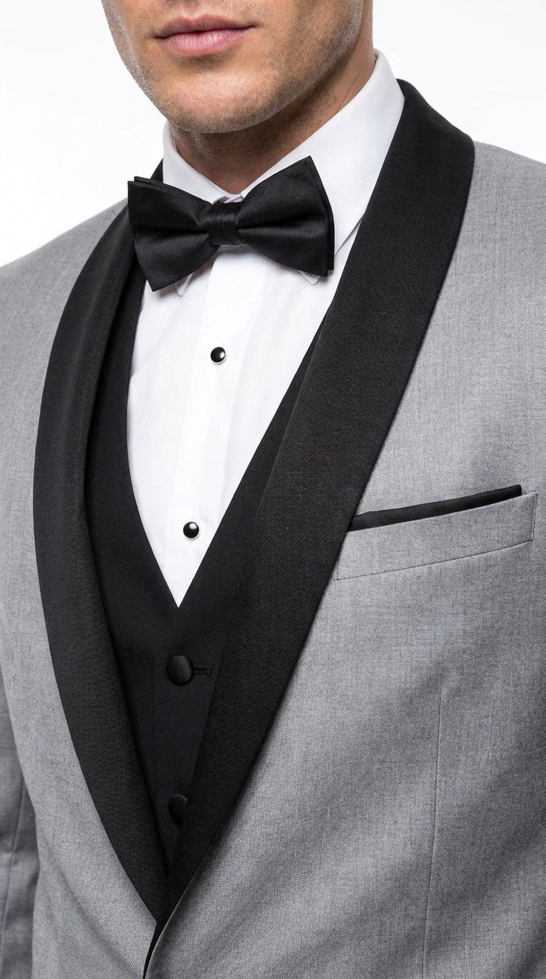 Men’s Grey and Black 3-Piece Prom Tuxedo – Vested Wedding Suit with Black Shawl Lapel