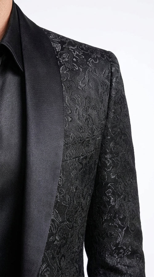 Tazzio Men’s Black Tonal Paisley Tuxedo Jacket, Slim Fit Wedding Prom Formal Dinner Blazer