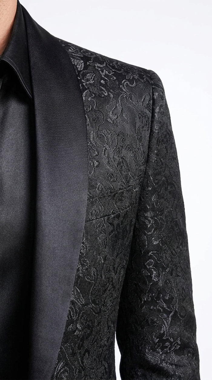 Tazzio Men’s Black Tonal Paisley Tuxedo Jacket, Slim Fit Wedding Prom Formal Dinner Blazer