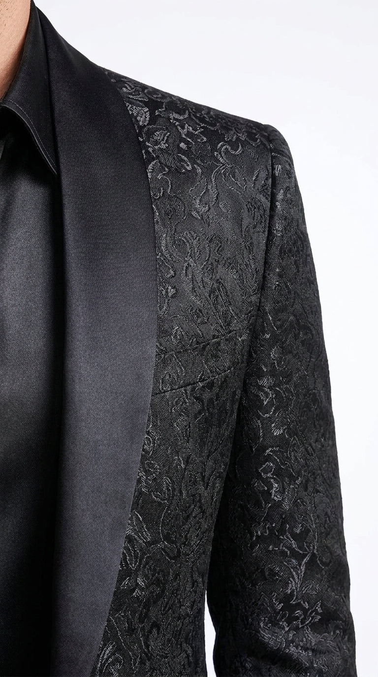 Tazzio Men’s Black Tonal Paisley Tuxedo Jacket, Slim Fit Wedding Prom Formal Dinner Blazer