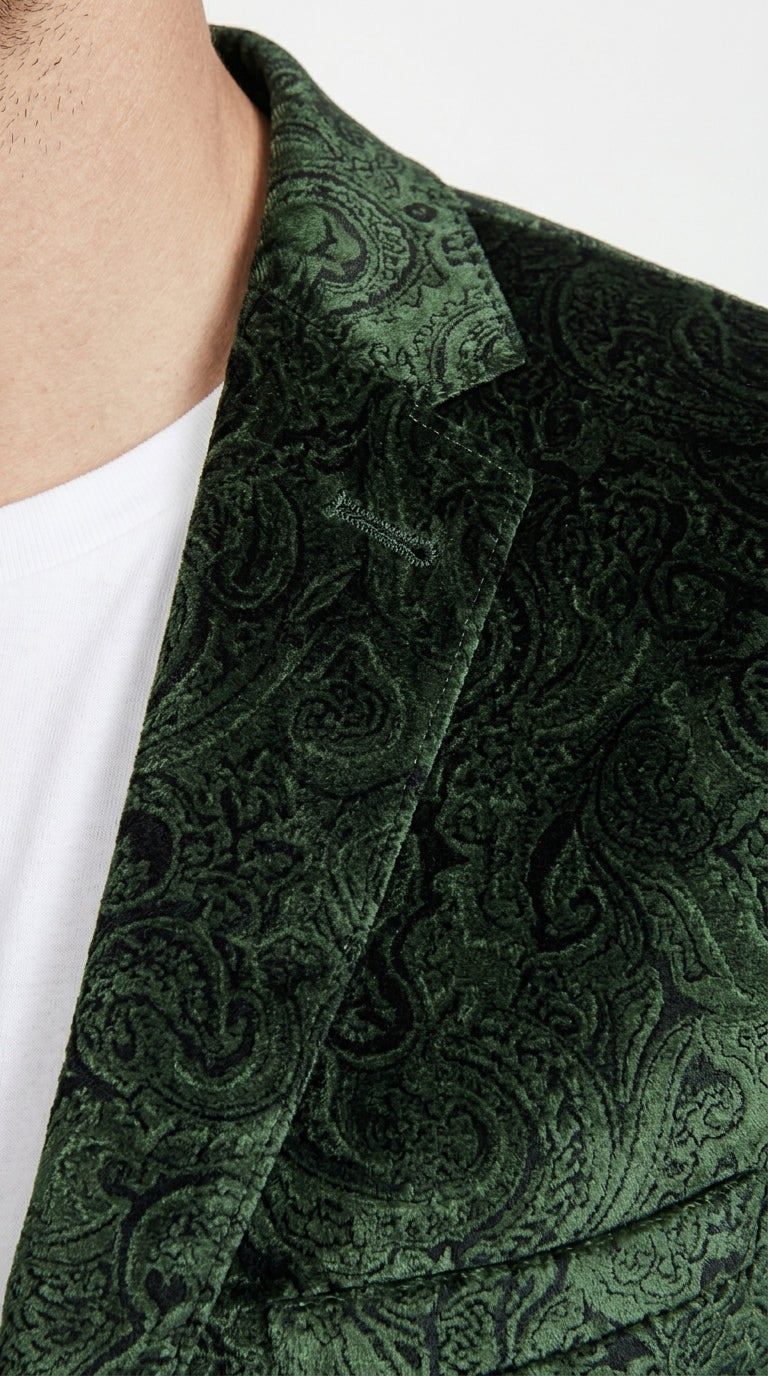 Men’s Olive Green Paisley Velvet Blazer, Formal Jacquard Sport Coat for Weddings, Prom and Parties