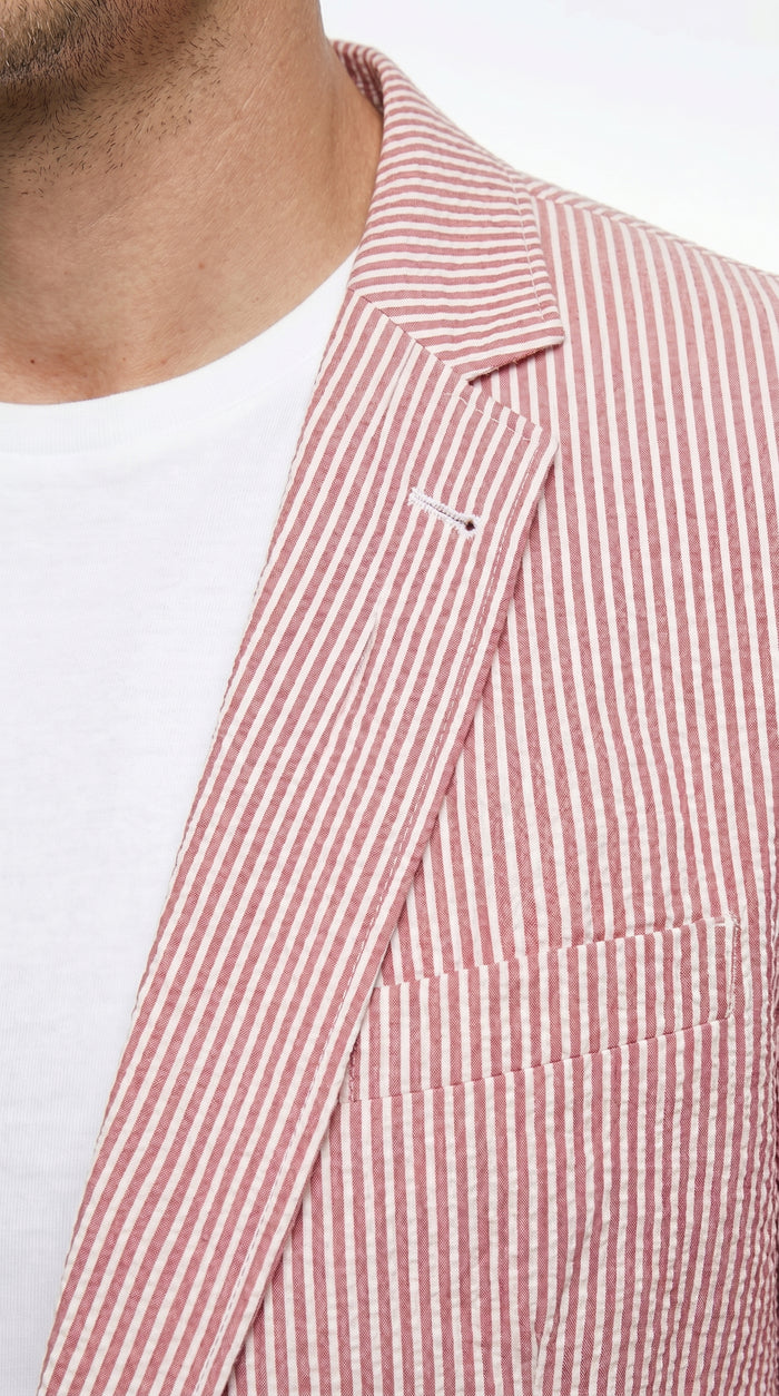Men’s Red Brick Seersucker 2 Button Blazer, Lightweight Summer Sport Coat for Dress Casual Wear