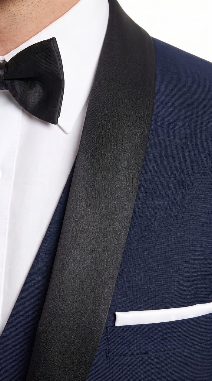 Designer Tuxedos Men’s Navy One Button Shawl Lapel Tuxedo Suit for Wedding, Prom and Formal Events