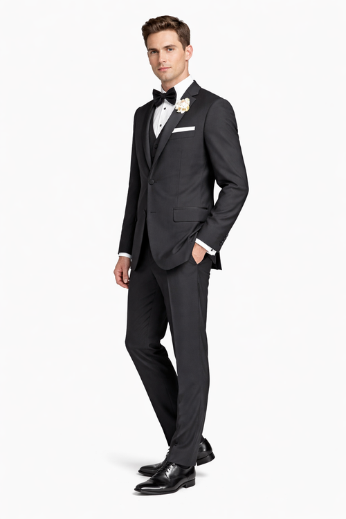 Mens Mantoni Black Tuxedo – Classic Formal Dinner Suit for Wedding, Prom and Black Tie Events