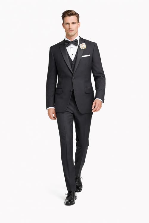 Mens Mantoni Black Tuxedo – Classic Formal Dinner Suit for Wedding, Prom and Black Tie Events