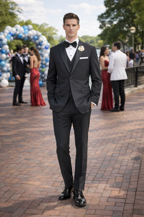 Mens Mantoni Black Tuxedo – Classic Formal Dinner Suit for Wedding, Prom and Black Tie Events