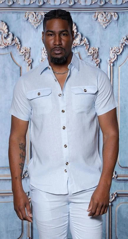 Men’s Sky Blue Linen 2 Piece Tailored Fit Outfit – Short Sleeve Shirt and Pants Set