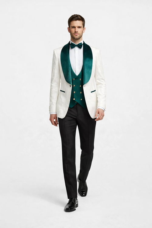 Marco Lorenzo Premium Paisley Green Velvet 4pc Suit W/ Matching Bowtie