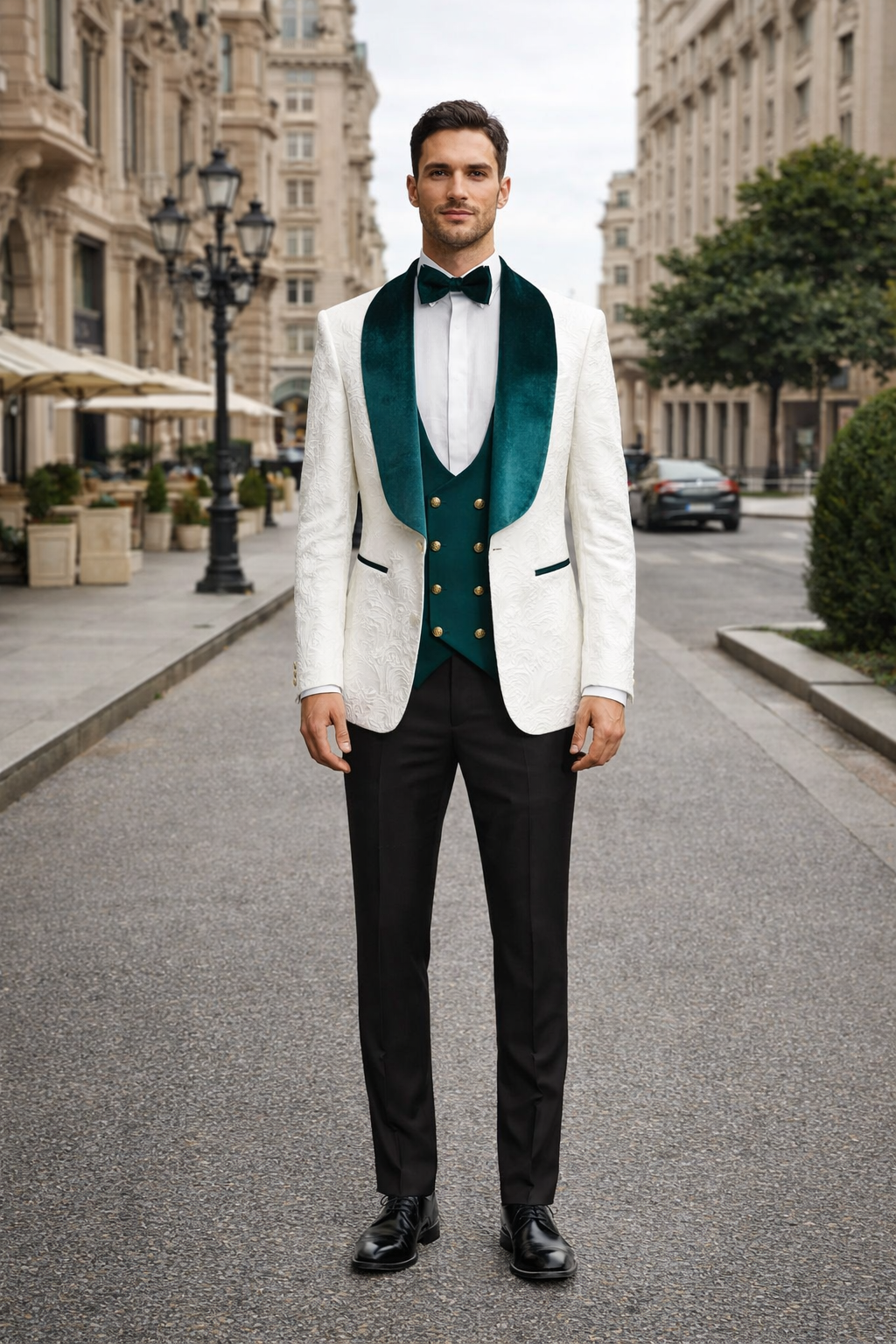 Marco Lorenzo Premium Paisley Green Velvet 4pc Suit W/ Matching Bowtie