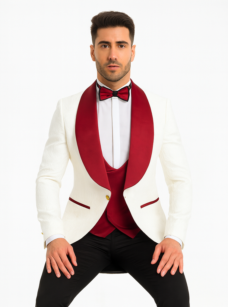 Marco Lorenzo Premium Paisley Red Velvet 4pc Suit W/ Matching Bowtie