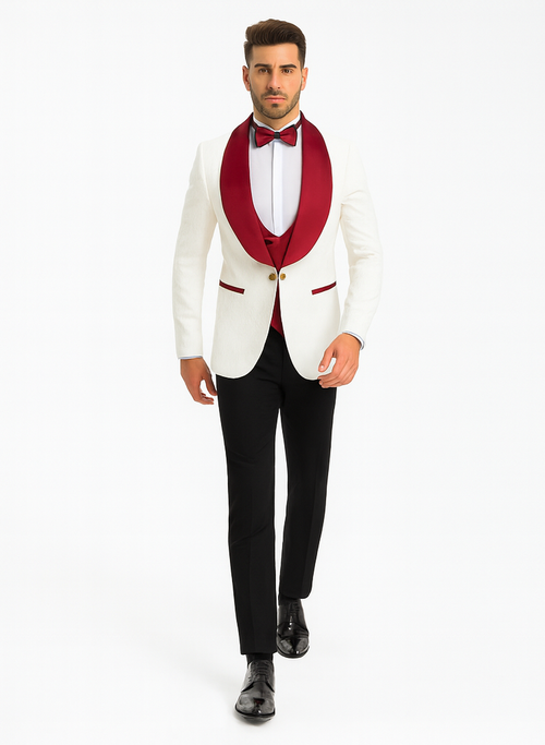 Marco Lorenzo Premium Paisley Red Velvet 4pc Suit W/ Matching Bowtie