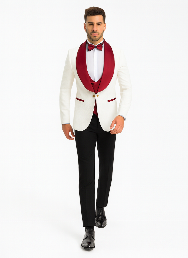 Marco Lorenzo Premium Paisley Red Velvet 4pc Suit W/ Matching Bowtie