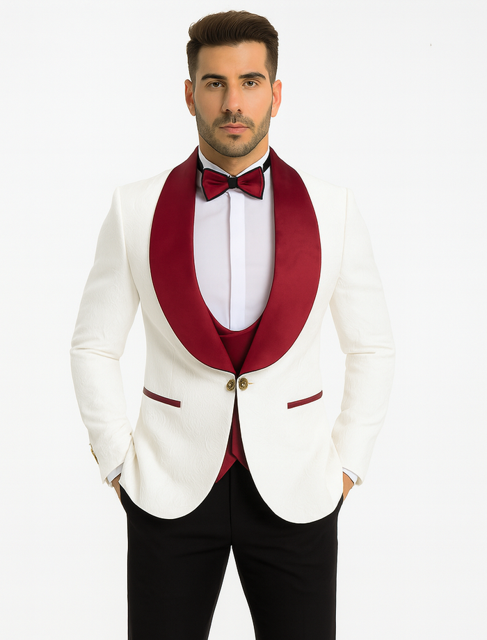 Marco Lorenzo Premium Paisley Red Velvet 4pc Suit W/ Matching Bowtie