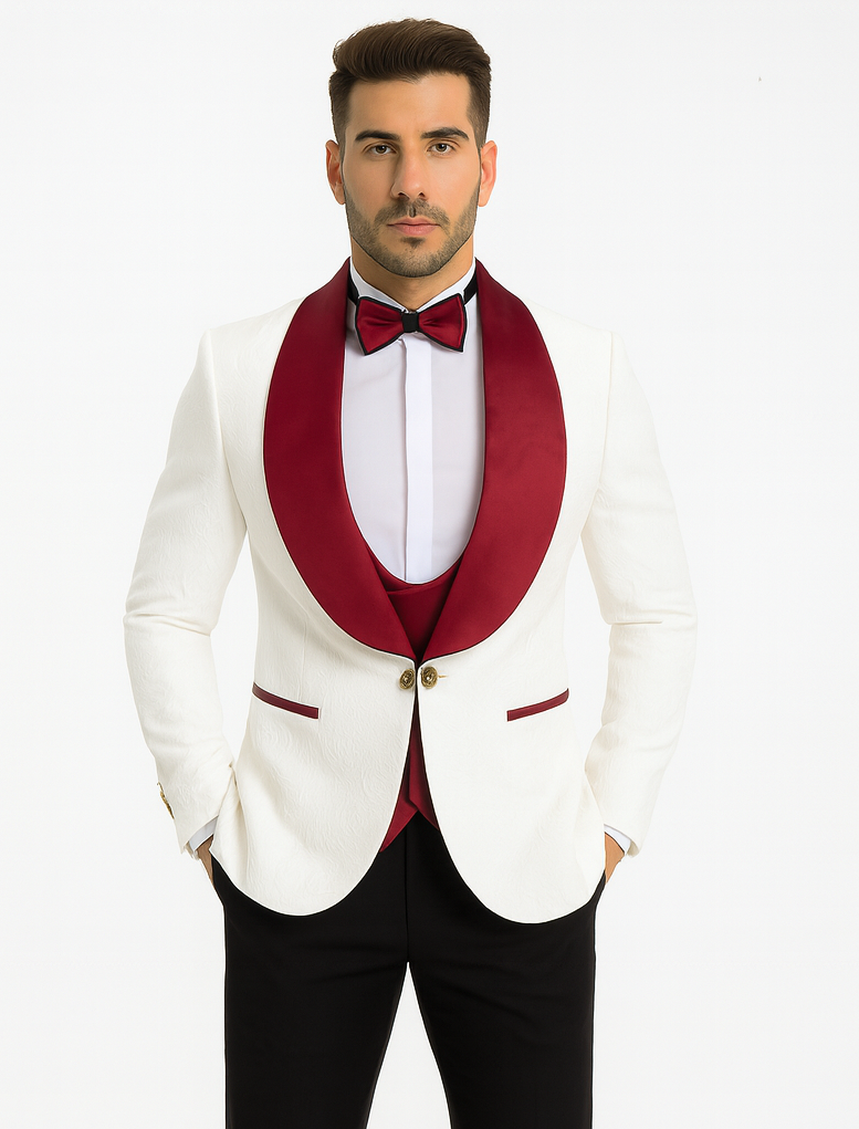 Marco Lorenzo Premium Paisley Red Velvet 4pc Suit W/ Matching Bowtie