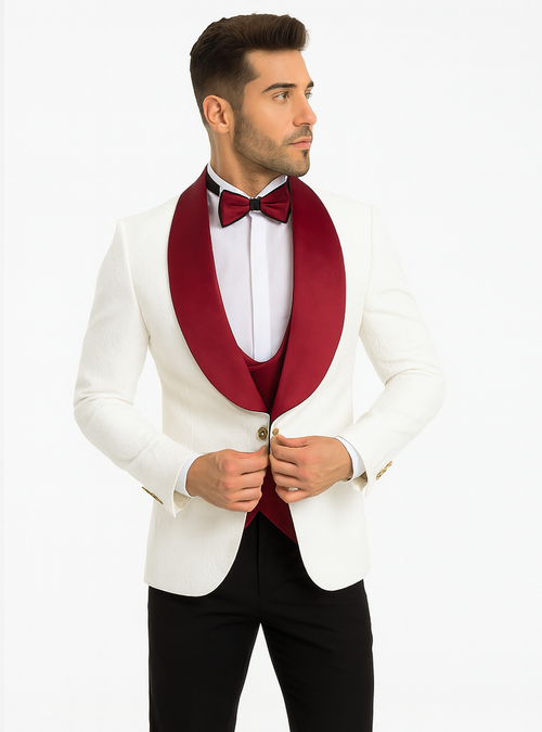 Marco Lorenzo Premium Paisley Red Velvet 4pc Suit W/ Matching Bowtie