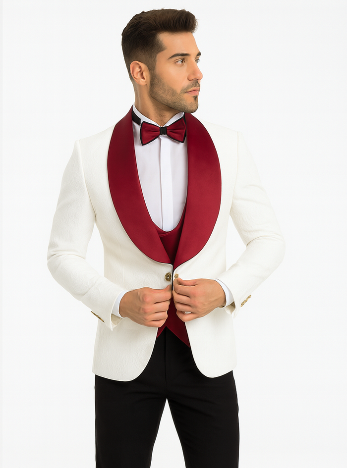 Marco Lorenzo Premium Paisley Red Velvet 4pc Suit W/ Matching Bowtie