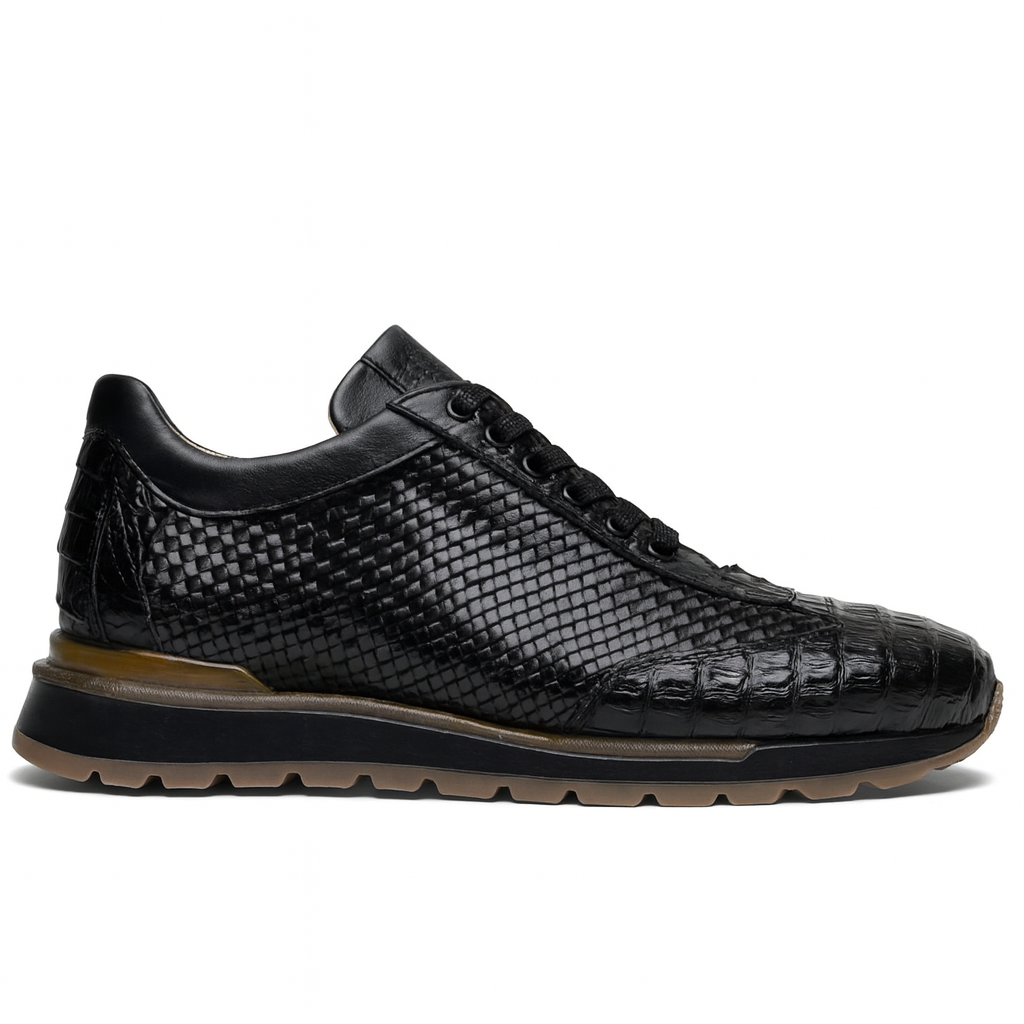 Marco Di Milano Roma Men's Shoes Black Genuine Caiman Crocodile / Woven Leather Fashion Sneakers