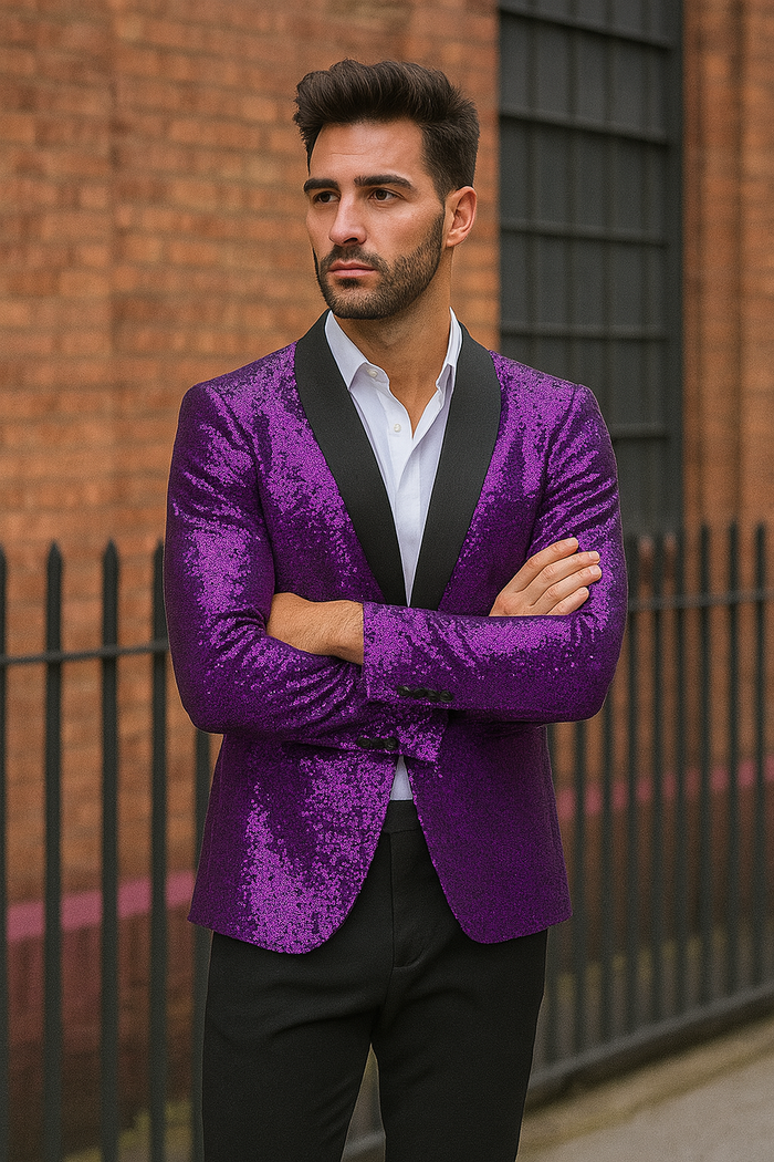 Mardi Gras Outfit - Mardi Gras Glitter Blazer For Men in Color Purple in Sequin Fabric