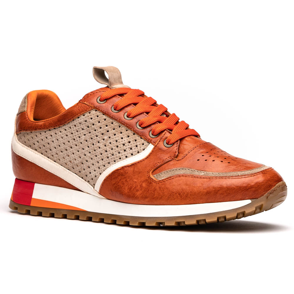 Zelli Matteo Calfskin and Perforated Suede Sneaker in Burnt Orange