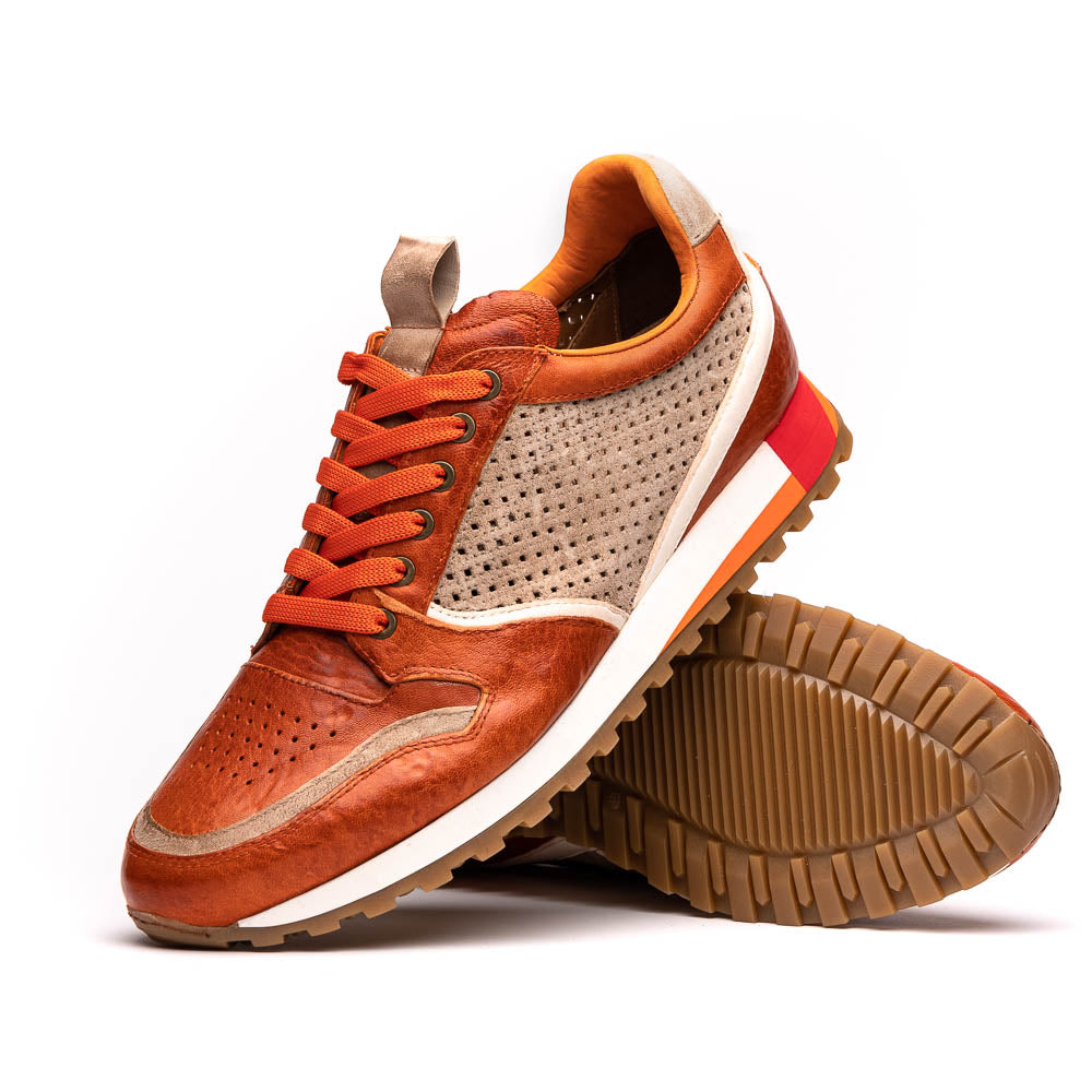 Zelli Matteo Calfskin and Perforated Suede Sneaker in Burnt Orange