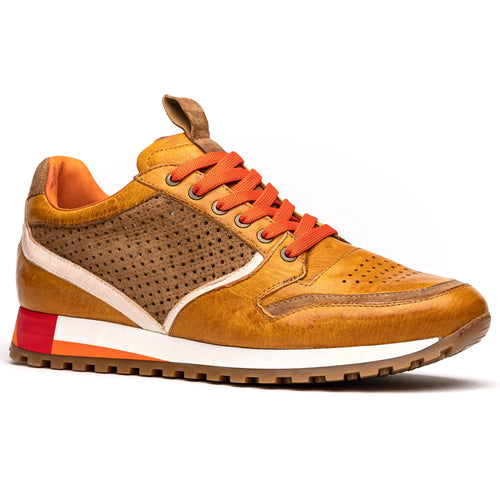 Zelli Matteo Calfskin and Perforated Suede Sneakers in Mustard