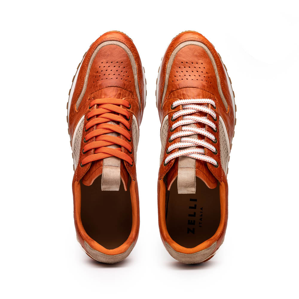 Zelli Matteo Calfskin and Perforated Suede Sneaker in Burnt Orange