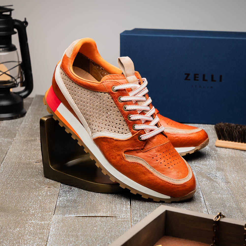 Zelli Matteo Calfskin and Perforated Suede Sneaker in Burnt Orange