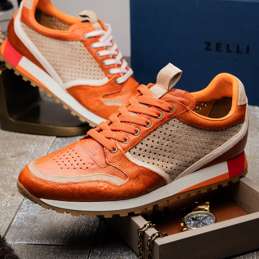 Zelli Matteo Calfskin and Perforated Suede Sneaker in Burnt Orange