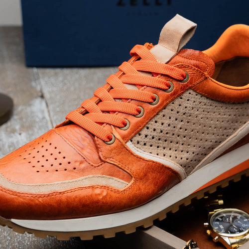 Zelli Matteo Calfskin and Perforated Suede Sneaker in Burnt Orange