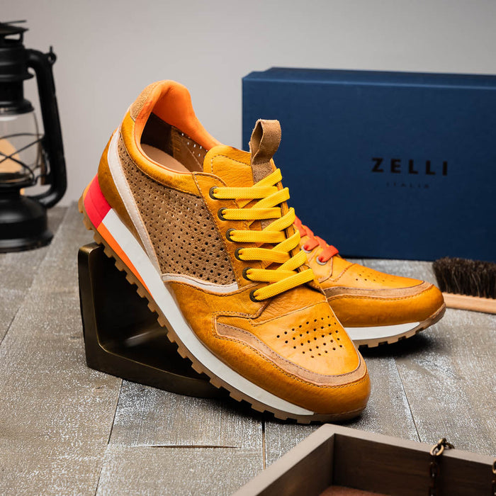 Zelli Matteo Calfskin and Perforated Suede Sneakers in Mustard