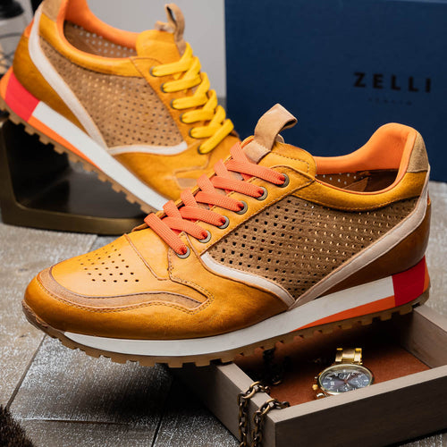 Zelli Matteo Calfskin and Perforated Suede Sneakers in Mustard