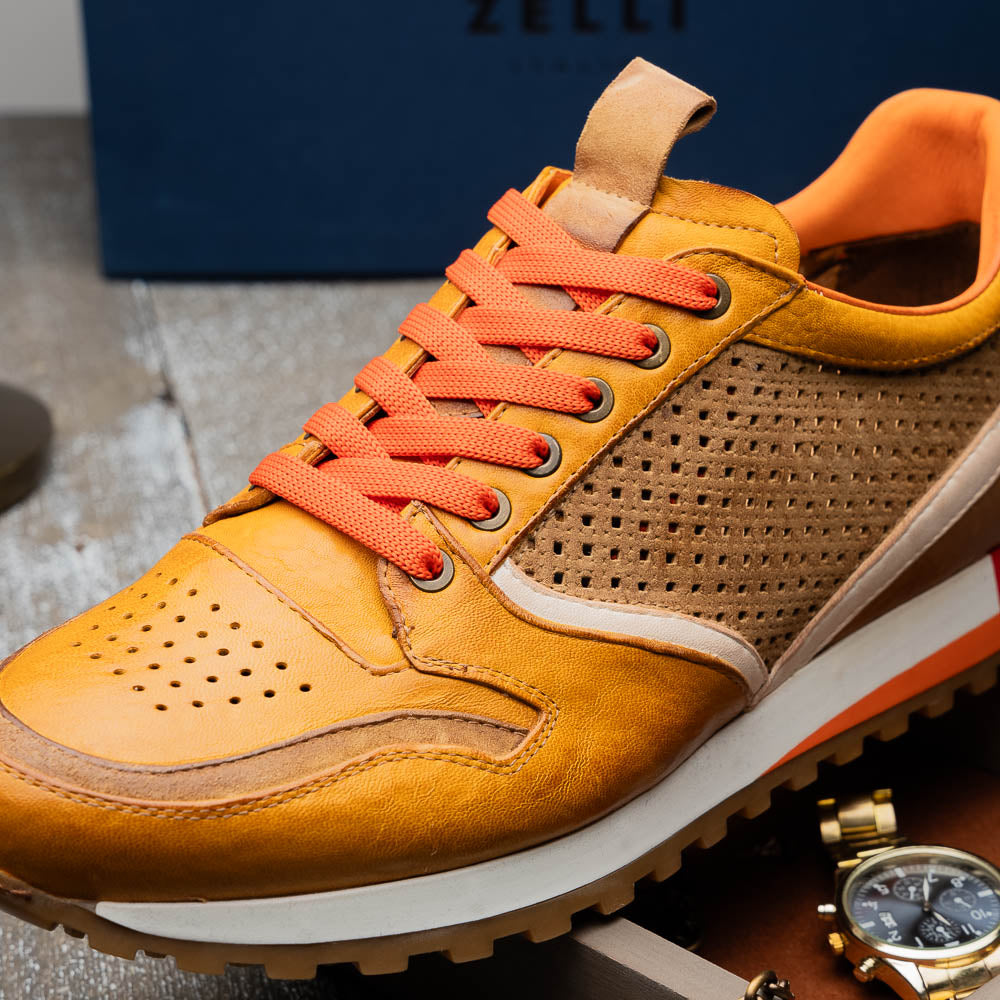 Zelli Matteo Calfskin and Perforated Suede Sneakers in Mustard