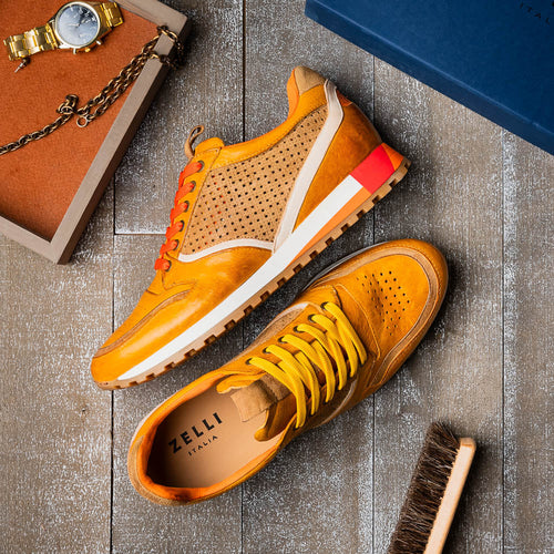 Zelli Matteo Calfskin and Perforated Suede Sneakers in Mustard