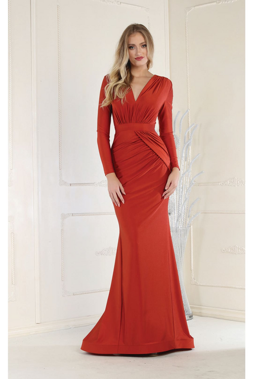 V Neck Mermaid Dress Classy Long Sleeve Evening Gown