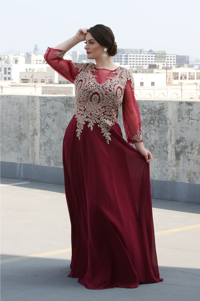 3/4 Sleeve Mother of the Bride Dress Embroidered Modern Evening Gown
