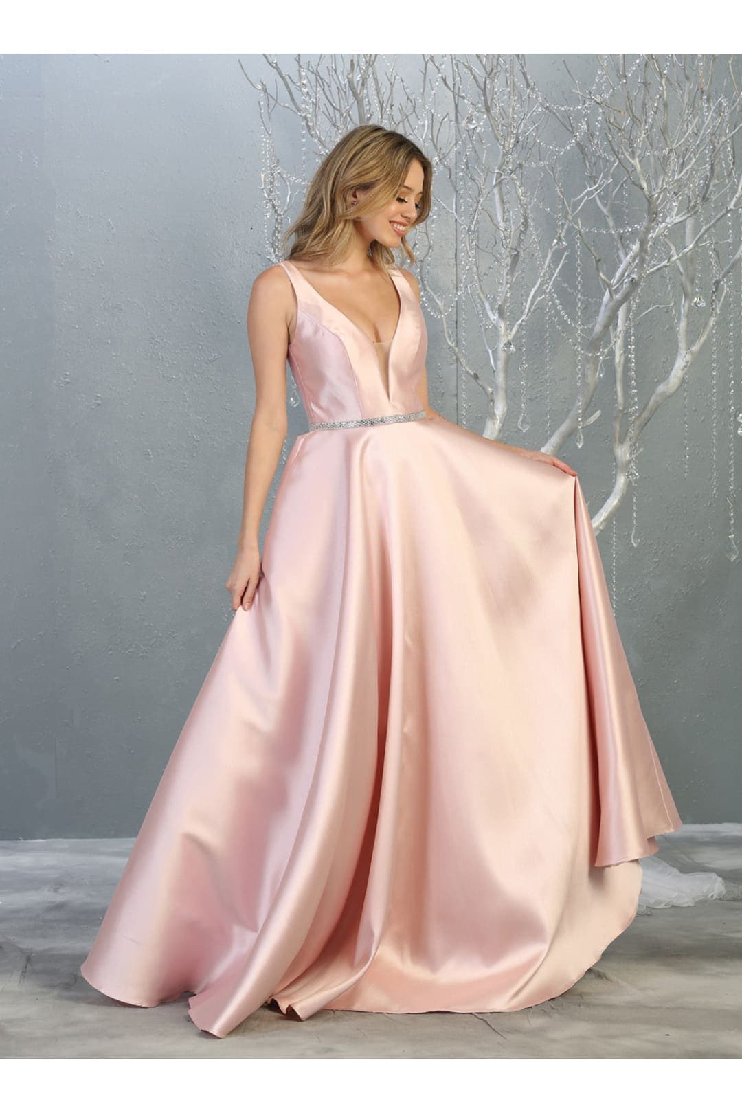 A Line Plunging V Neck Evening Gown Side Pockets Sleeveless Prom Dress